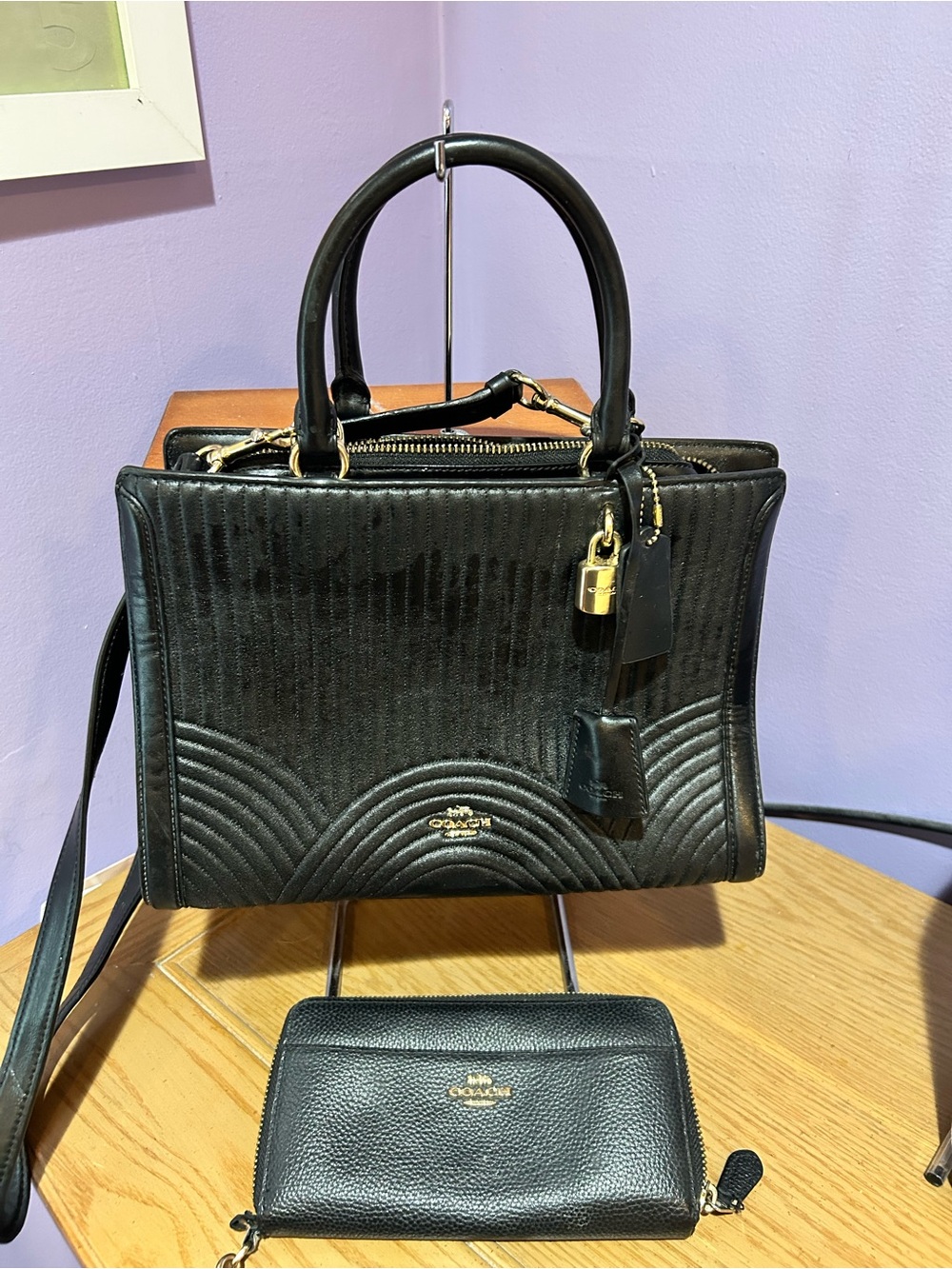 Coach Zoe Black Quilted Leather Satchel with Gold-Tone Hardware and Wallet